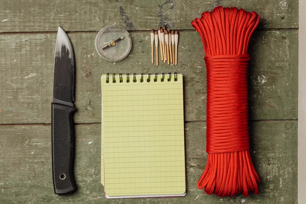 Overhead view of survival gear equipment