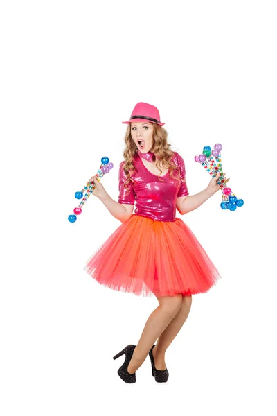 Dancing Blonde Schoolgirl Wearing Pink Costume Dancing Woman Looking Camera — Stock Photo, Image