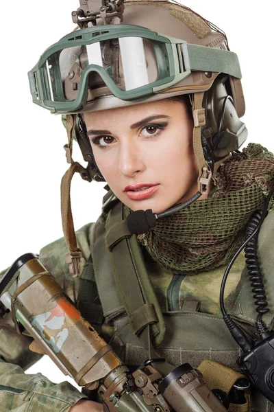Beautiful Young Girl Soldier Weapon Posing White Background — Stock Photo, Image