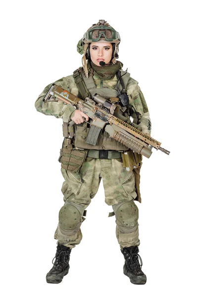 Belle Jeune Fille Soldat Avec Arme Posant Sur Fond Blanc — Photo