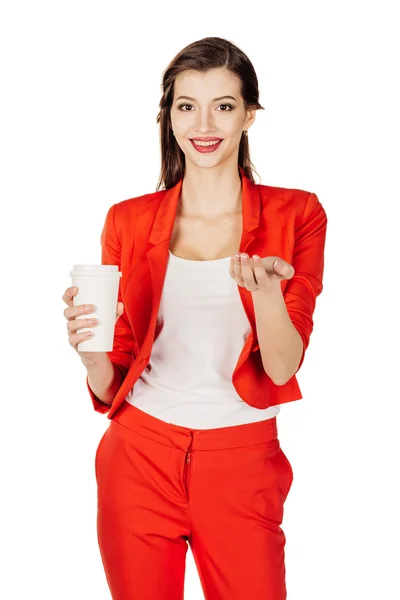 Hermosa mujer de negocios en traje rojo — Foto de Stock