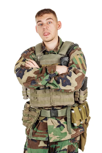 Militaire Beroep Mensen Oorlog Concept Mannelijke Soldaat Camouflage Poseren Tegen — Stockfoto