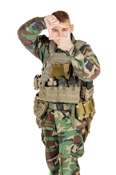 Militaire Profession Peuple Concept Guerre Soldat Camouflage Posant Contre Mur — Photo