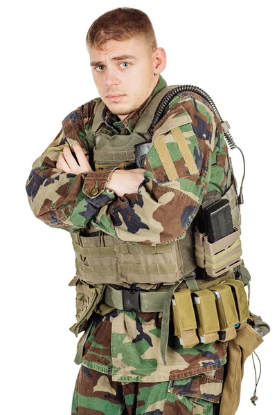 Militar Profissão Pessoas Conceito Guerra Soldado Masculino Camuflagem Posando Contra — Fotografia de Stock