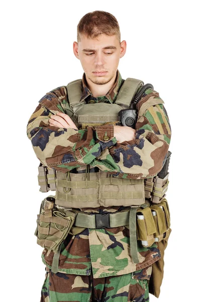 Military Profession People War Concept Male Soldier Camouflage Posing White — Stock Photo, Image