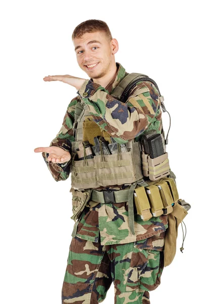 Militaire Profession Peuple Concept Guerre Soldat Camouflage Posant Contre Mur — Photo