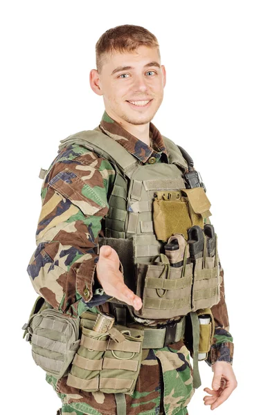 Military Profession People War Concept Male Soldier Camouflage Posing White — Stock Photo, Image