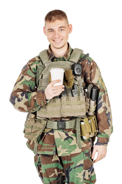 Militär Yrke Människor Och Kriget Koncept Manlig Soldat Kamouflage Poserar — Stockfoto