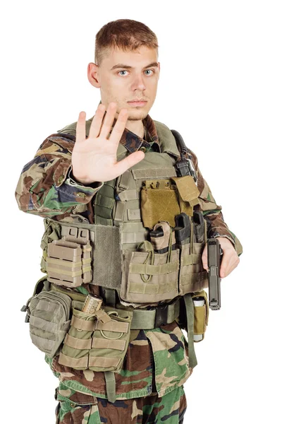 Military Profession People War Concept Male Soldier Camouflage Posing White — Stock Photo, Image