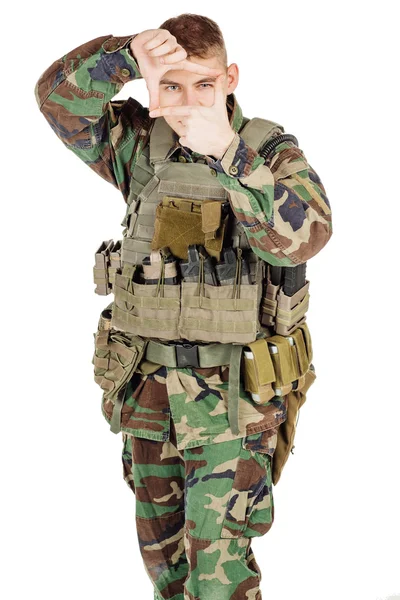 Military Profession People War Concept Male Soldier Camouflage Posing White — Stock Photo, Image