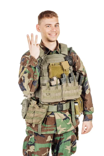 Militaire Beroep Mensen Oorlog Concept Mannelijke Soldaat Camouflage Poseren Tegen — Stockfoto