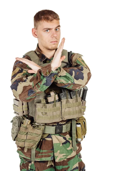 Militaire Profession Peuple Concept Guerre Soldat Camouflage Posant Contre Mur — Photo