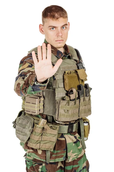 Wojskowych Zawód Ludzi Wojny Koncepcja Żołnierz Kamuflażu Pozowanie Przed Białej — Zdjęcie stockowe