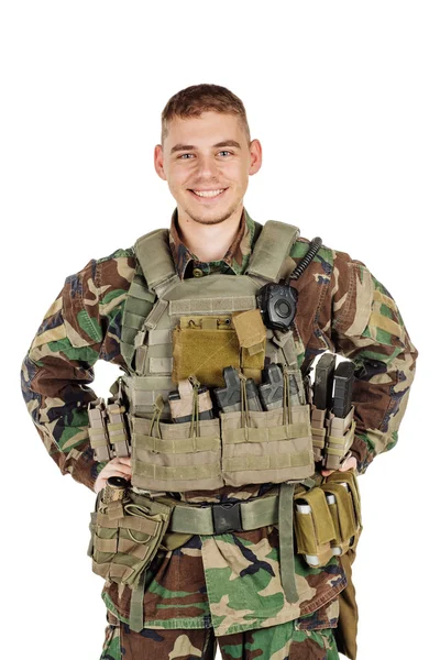Militaire Profession Peuple Concept Guerre Soldat Camouflage Posant Contre Mur — Photo
