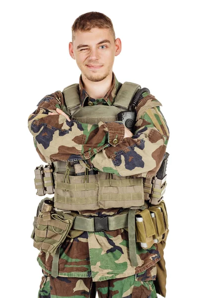 Militaire Beroep Mensen Oorlog Concept Mannelijke Soldaat Camouflage Poseren Tegen — Stockfoto
