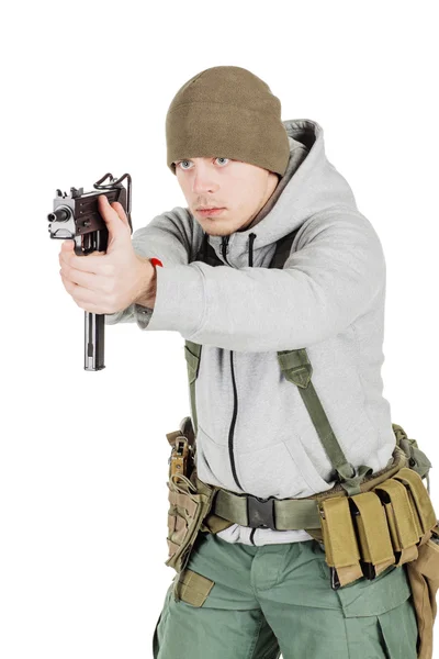 Portrait Rebel Private Military Contractor Holding Black Gun War Army — Stock Photo, Image
