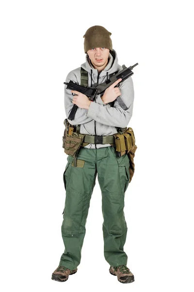 Rebel or private military contractor holding black gun. war, arm — Stock Photo, Image