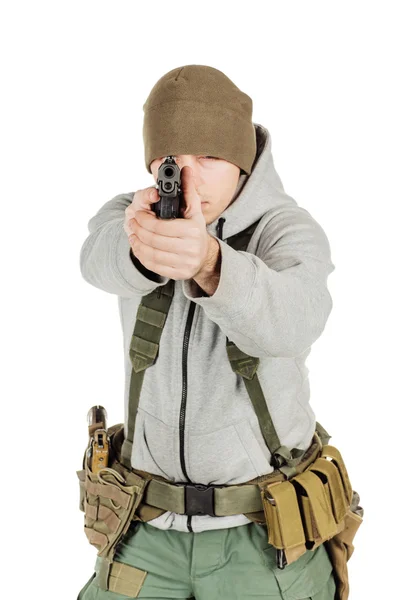 Rebel or private military contractor holding black gun. war, arm — Stock Photo, Image