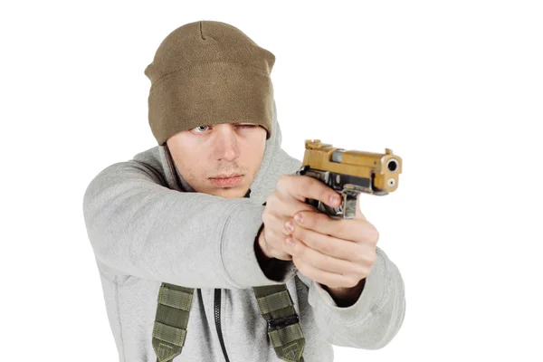 Rebel or private military contractor holding black gun. war, arm — Stock Photo, Image