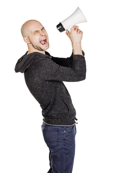 Hombre sosteniendo megáfono — Foto de Stock
