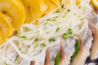 Ringa balığı, patates, soğan ve Bried sopa ile çanak.  