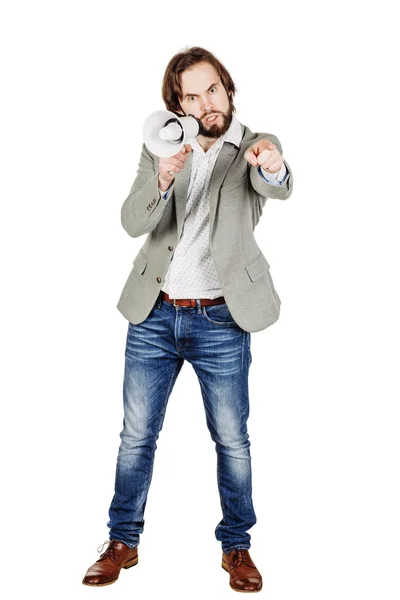 Homem segurando megafone . — Fotografia de Stock