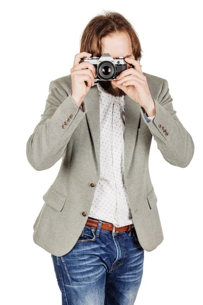 Fotógrafo con vieja cámara de película retro . — Foto de Stock