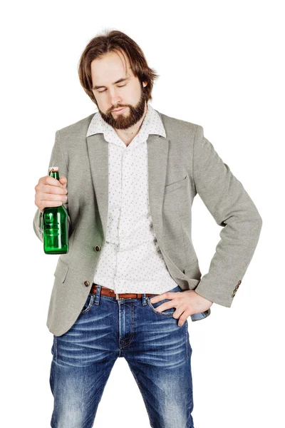 Hombre borracho con botella verde — Foto de Stock