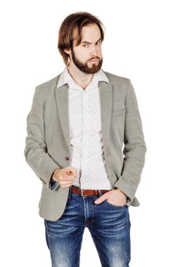 sakallı adam biri karşı onun parmak işaret.  