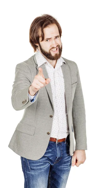 Bearded man pointing his finger against somebody. — Stock Photo, Image