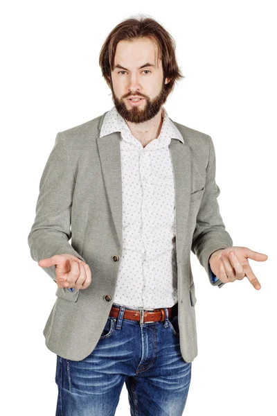 Hombre de negocios hablando durante la presentación y el uso de gestos de mano — Foto de Stock