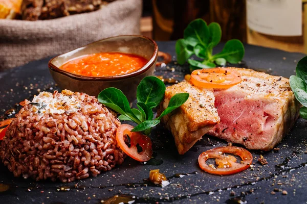 Tuna steak grilled and served with rice — Stock Photo, Image