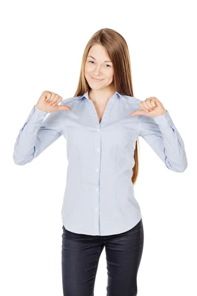 Retrato Una Mujer Mostrando Dedo Hacia Mismo Imagen Fondo Estudio — Foto de Stock