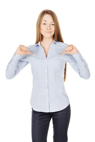 Retrato Una Mujer Mostrando Dedo Hacia Mismo Imagen Fondo Estudio — Foto de Stock