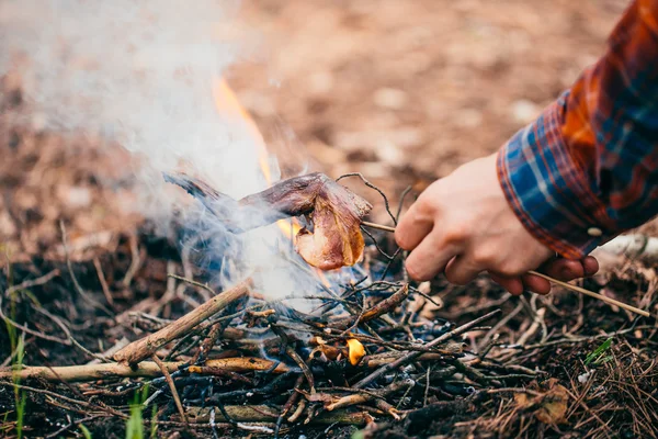 Conejo en el palo a la parrilla en el fuego. delicioso picnic de verano —  Fotos de Stock