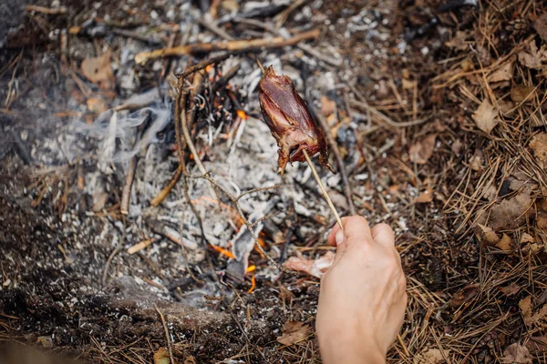 Кролик на палочке, зажаренной в огне. вкусный летний пикник — стоковое фото