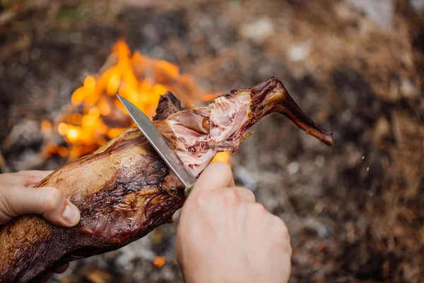 Férfi carving sült nyúl hús erdő kempingezik. Szemközti nézet. — Stock Fotó