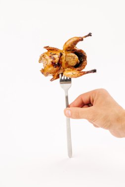 beyaz zemin üzerine çatal yakın çekim üzerinde bıldırcın. dikey fotoğraf