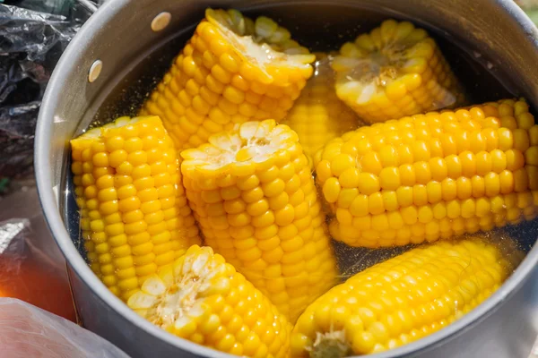 Kukuřice vaří v hrnci — Stock fotografie