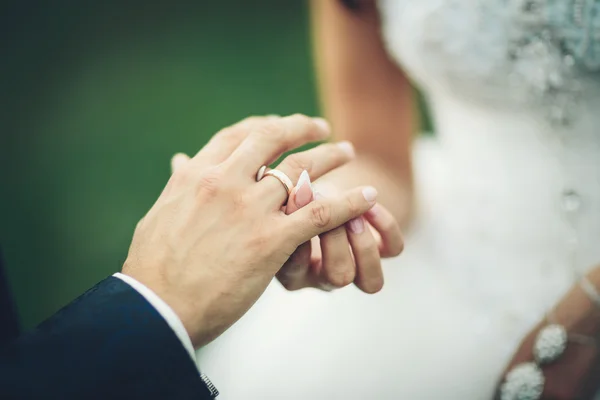 Bride and groom exchanging wedding rings — Stock Photo, Image