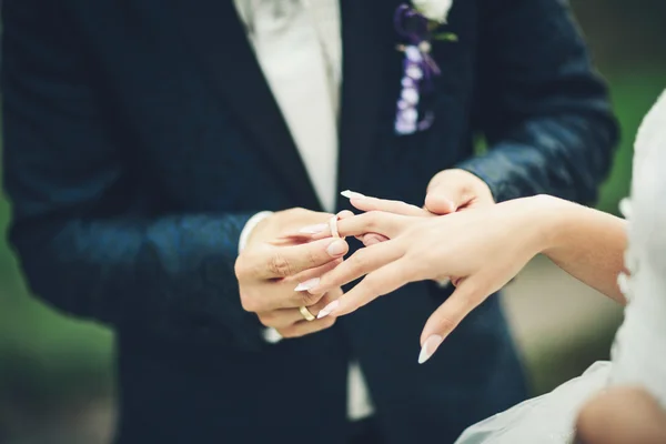 Bride and groom exchanging wedding rings — Stock Photo, Image
