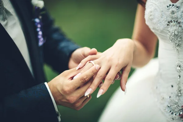 Noiva e noivo trocando anéis de casamento — Fotografia de Stock