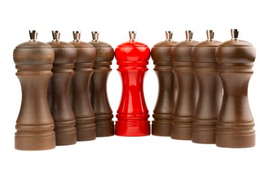 red salt and brown  pepper shakers isolated on white 