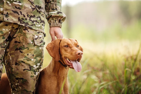 Avcı ormanda bir köpekle — Stok fotoğraf