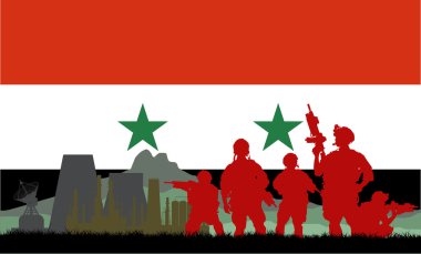Suriye bayrağı ile savaşta savaşan askerler silüeti