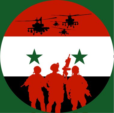 Suriye bayrağı bir geri olarak savaşta savaşan askerler silüeti