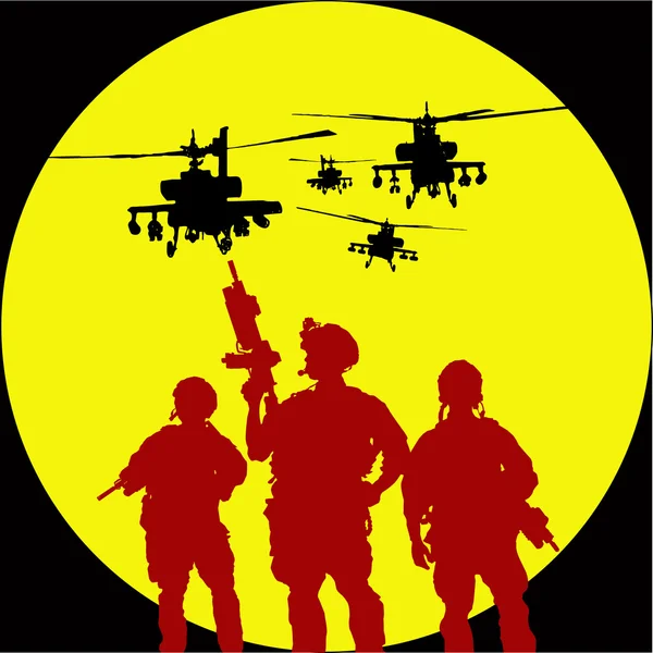 Sílhueta de vetor de soldados de árvore com helicóptero no backgr — Vetor de Stock