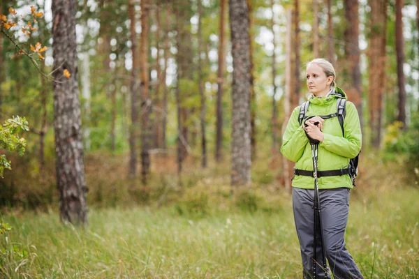 Mujer con equipo de senderismo caminando en el bosque — Foto de Stock