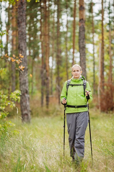 Mujer con equipo de senderismo caminando en el bosque — Foto de Stock