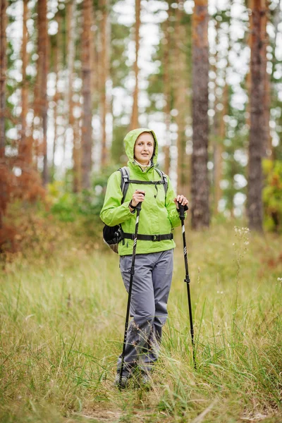 Жінка з пішохідним обладнанням, що йде в лісі — стокове фото